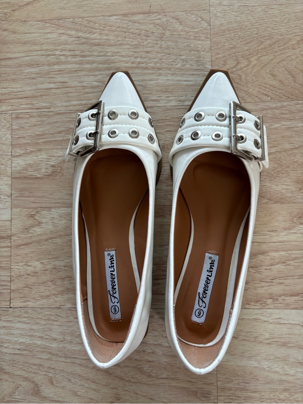 Forever Link White Pointed Buckle Grommet Flats